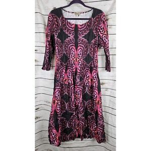 Alquema Smash Pocket Dress Sz 2 Midi Pink Ikat Crinkle Print M/L Art 3/4 Sleeve
